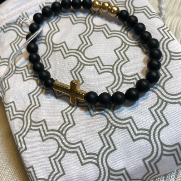 NWT JONAH GENIUN AGATE BLACK BEADS UNISEX BRACELET BRUSHED GOLD METAL CROSS - Picture 7 of 14